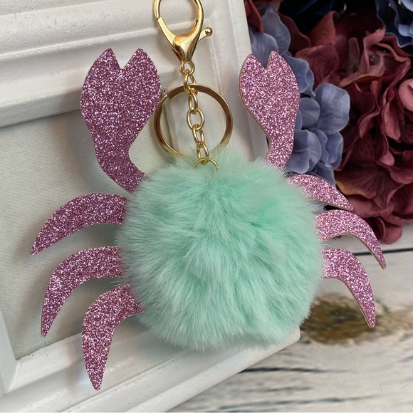 Blue Crab Pom Pom with Pink Glitter Claws Keychain Charm - Picture 6 of 12